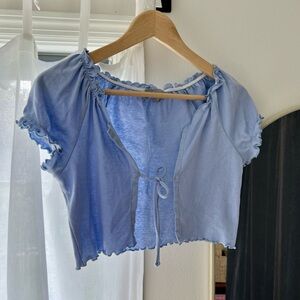 Sky and Sparrow Blue Ruffled Tie Front Crop Blouse